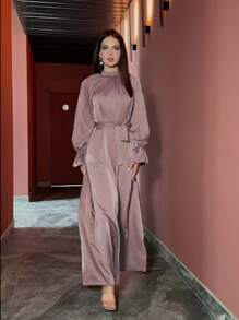 Elegant Women's Long Sleeve Satin Dress, Round Neck Ruffle Hem Casual Fitted Dress - Rusty Rose - View 2