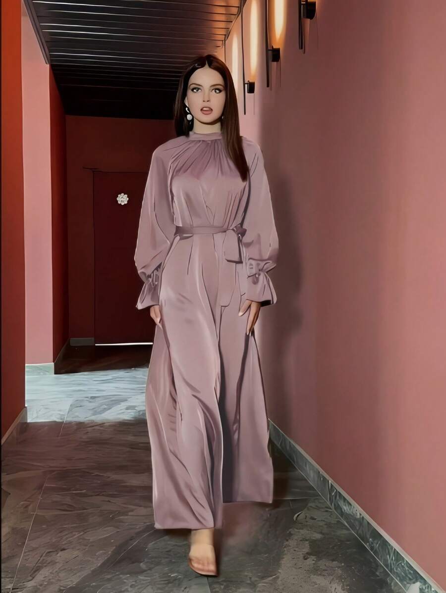 Elegant Women's Long Sleeve Satin Dress, Round Neck Ruffle Hem Casual Fitted Dress