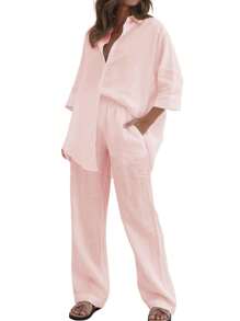 Women's 2 Piece Outfits Sets Button Down Half Sleeve Shirts And Long Pants  Sets Summer Casual - Hồng - Xem 2