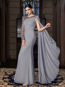 Abito da sera elegante Faeriesty con maniche lunghe, asimmetrico, con perline e mantella in chiffon - scollo tondo e spacco alto, combinazione di tessuto con perline e chiffon per matrimoni e gala primaverili ed estivi (eleganza di lusso, fascino sofisticato) - Grigio - Visualizzare 5