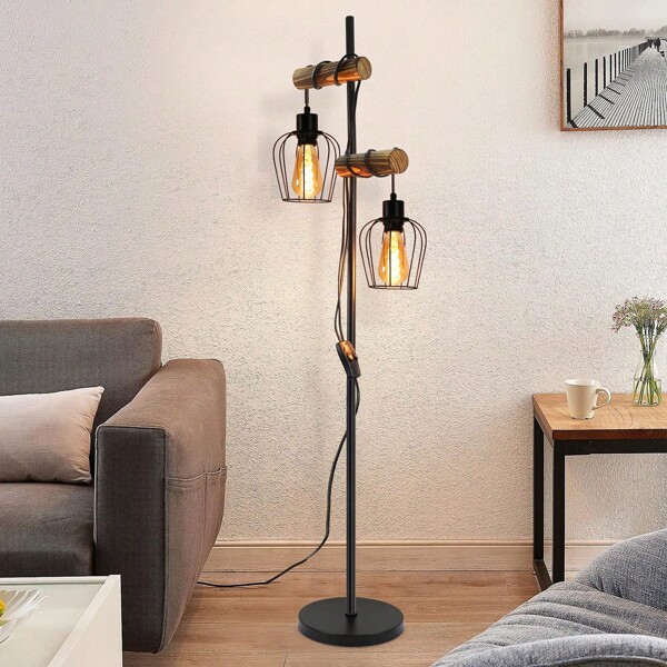 ZMH Lampadaire vintage ZMH salon 2 flammes lampadaire rétro en bois au design industriel en métal et bois - avec interrupteur - noir - douille : E27 - hauteur : 151cm - sans ampoule