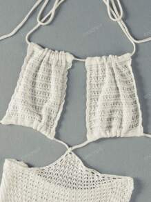Sexy Cut Out Backless Tie Side Slit Knit Dress Summer White Backless Chic Hanging Neck Swimsuit Bikini Cover-Ups