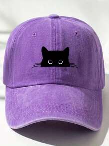1pc Black Cat Print Washed Baseball Cap, Unisex Outdoor Casual Sun Visor Hat