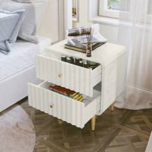 20" Modern Fluted Nightstand Set Of 2, White Wood Bedside Table With 2 Drawers & Gold Metal Handles - White - View 3