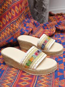 Women's New Fashion Thick Sole Woven Band Rope Wedge Platform Slide Sandals, Outdoor Wear Personalized Comfortable Casual Classic Slip-On Flats - Multicolor - View 7