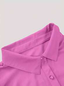 Blusa Plus Size Feminina Cor Sólida - Manga Longa, Gola Redonda, Acabamento Babado, Botão - Mistura de Poliéster e Elastano Não Elástico, Lavável à Máquina - Rosa Quente - Ver 3
