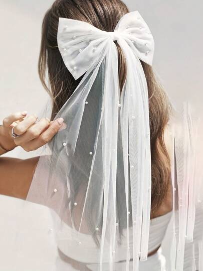 Pearl Bow Mesh Hair Clip, 1 Elegant Bridal Bow Hair Clip With Faux Pearls, Sweet Style Chiffon Ribbon, Single-Layer Wedding Veil Accessory, Fashionable Fairy Tale Hair Accessory Valentine's Day Accessories