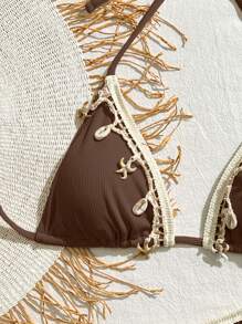 Bộ bikini hai mảnh màu trơn bằng satin với ruy băng và họa tiết vỏ sò dành cho nữ, thích hợp cho kỳ nghỉ hè ở bãi biển. - Cà phê nâu - Xem 3