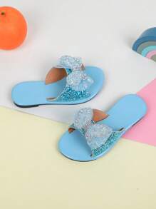 1 Pair Girls' Fashionable Glitter Butterfly Slide Sandals, Flat, Suitable For Summer