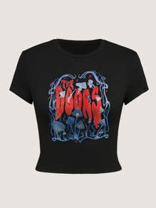 合身女式 Y2K 短袖 T 恤，乐队徽标，彩色蘑菇印花设计，适合青少年和年轻人，适合日常外出、聚会和派对 - 黑色 - 查看 3