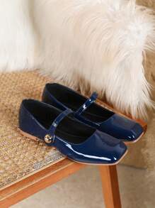 2026 女式复古方头玛丽珍平底鞋，百搭春秋休闲鞋，2025 新款亮面办公室女士乐福鞋，芭蕾 - 藍色 - 查看 4