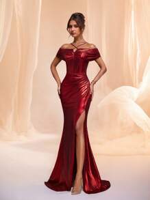 Vestido Elegante e Delicado de Baile de Formatura Vermelho com Decote Halter Sem Costas e Bainha de Sereia para Convidada de Casamento, Dama de Honra, Festa, Encontro, Baile de Formatura, Banquete, Formatura, Uso Ocidental Feminino, Estilo Old Money, Vestido Formal - Vermelho - Visão 1