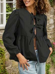 Tooluck Women's Bow Tie Casual Shirt - màu đen - Xem 3