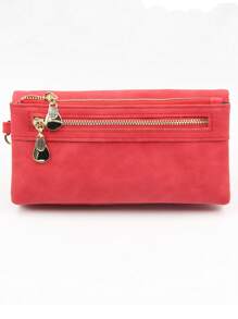 A Red Double Zipper Long Purse European And American Vintage Frosted Multi-Card Folding Large Capacity Expandable Mobile Phone Integrated Wallet Party Gifts High Texture PU Mobile Phone Long Ticket Holder Convenient Daily Travel Clutch Bag