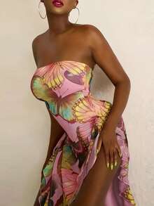 Women's Vacation Butterfly Print Splice Ruffle Hem Side Slit Strapless Fashionable Dress - Multicolor - View 2