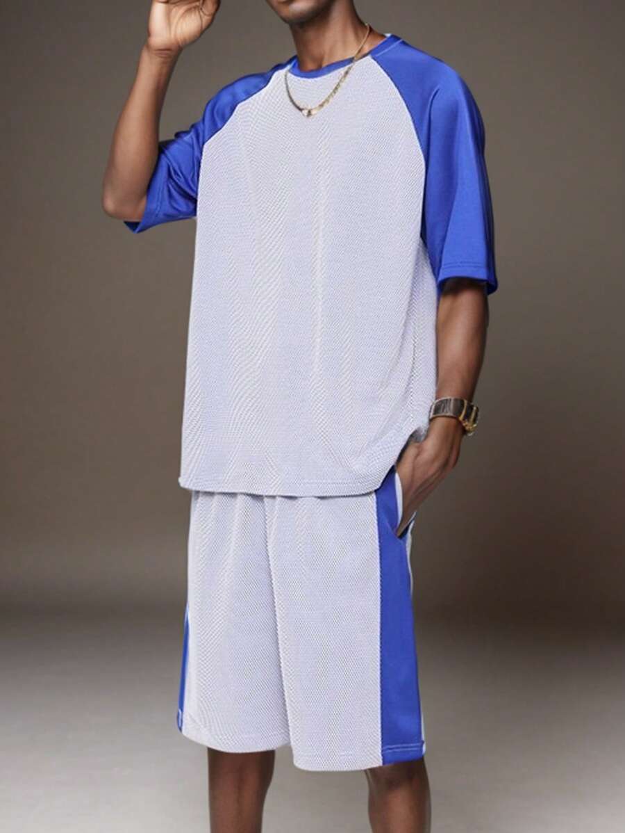 男士对比色插肩宽松休闲运动服，时尚运动服，舒适百搭的日常穿着