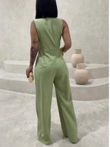 Long Wrap Jumpsuit With V-Neckline - Olive Green - View 2