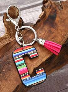 1 pièce Porte-clés avec pompon moelleux arc-en-ciel rayé lettre style coréen, pendentif imprimé léopard, convient comme cadeau - Multicolore - Voir 3
