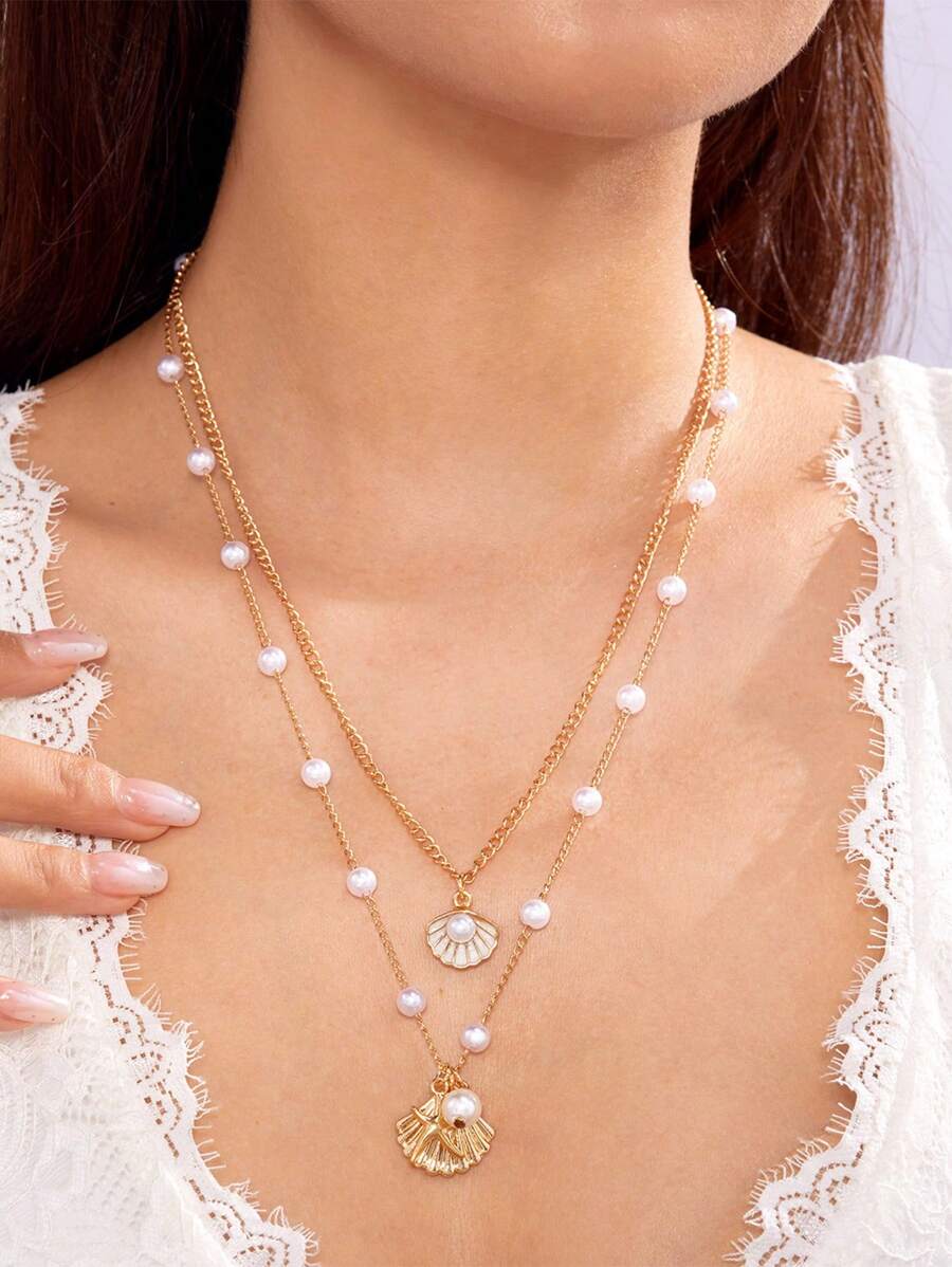 2 Stücke Boho Stil Doppelschicht Seestern Muschel Perlen Kette Halskette, goldfarbenes Metall, geeignet für Frauen Strand, Party, Date, Zusammenkünfte