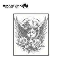 INKARTLINK 10*12cm 1 件耳语天使植物汁图案纹身，纹身持续 15 天，半永久纹身，逼真的假纹身，1-2 周 - 黑色 - 查看 4
