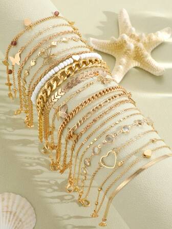 19/7 件海滩度假风格心形、蝴蝶镂空、种子珠、流苏、回形针、蛇骨链，简约极简主义，复古优雅金属设计手链和脚链套装，适合节日、度假、派对、礼物、日常穿着的时尚配饰