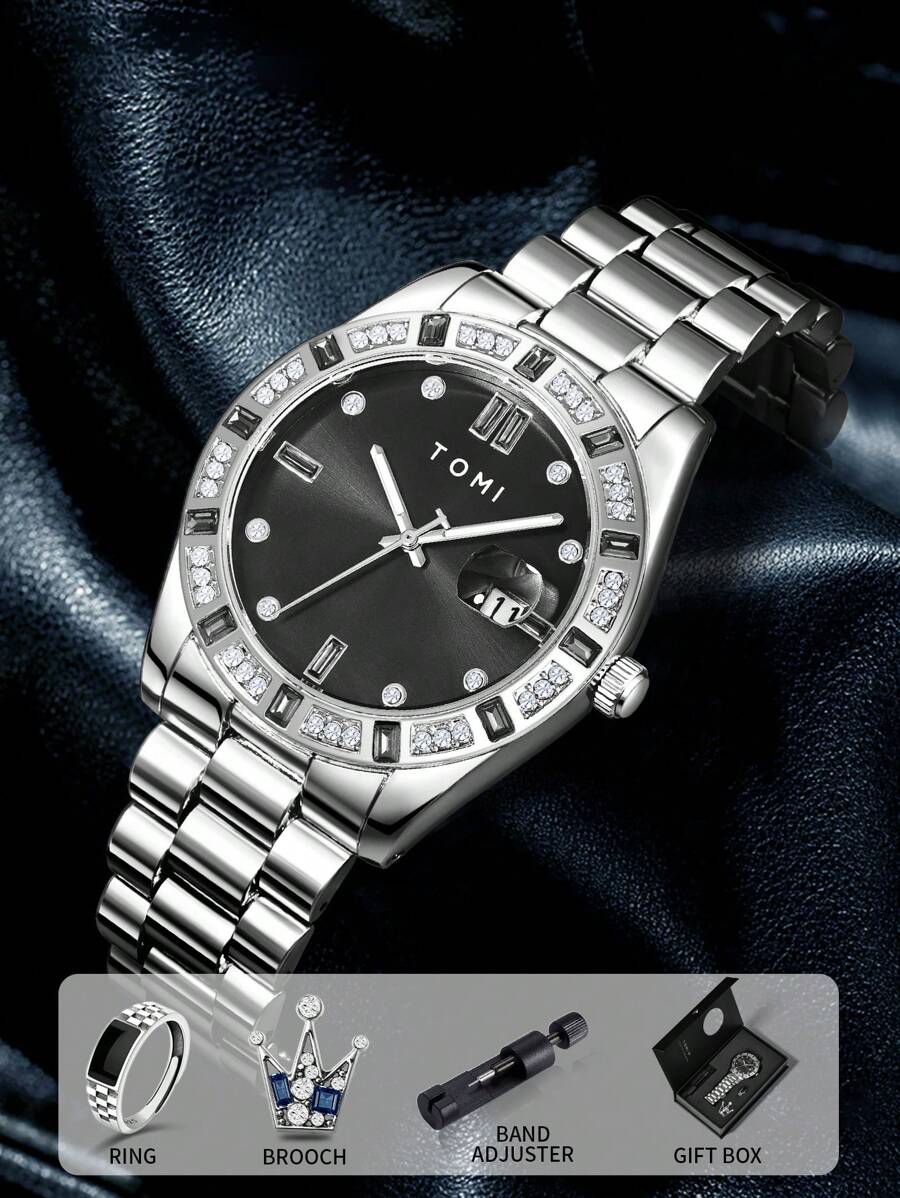 TOMI Men's Quartz Watch With Crown Brooch Ring Set, Minimalist Design With Rhinestone Dial, Zinc Alloy Strap, Gift Box For Daily Life, Business Events, Father's Day, Valentine's Day, Christmas,