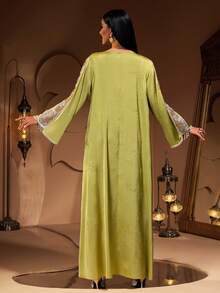 New Elegant Luxury Simple Jacquard Satin Patchwork Embroidered Lace Women Long Robe Dress - Green - View 7
