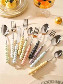 4pcs/Set Stainless Steel Utensil Set,Romantic Ceramic Pearl Handle Western Cutlery Knife Fork Spoon Coffee Spoon,Reusable Tableware,Or School, Picnics, Parties, Outdoor Dining, Camping Accessories School Supplies Travel Essentials Accessories Back To School Dorm Essentials
