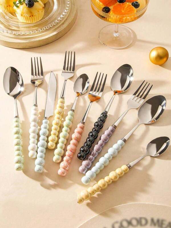 4pcs/Set Stainless Steel Utensil Set,Romantic Ceramic Pearl Handle Western Cutlery Knife Fork Spoon Coffee Spoon,Reusable Tableware,Or School, Picnics, Parties, Outdoor Dining, Camping Accessories School Supplies Travel Essentials Accessories Back To School Dorm Essentials
