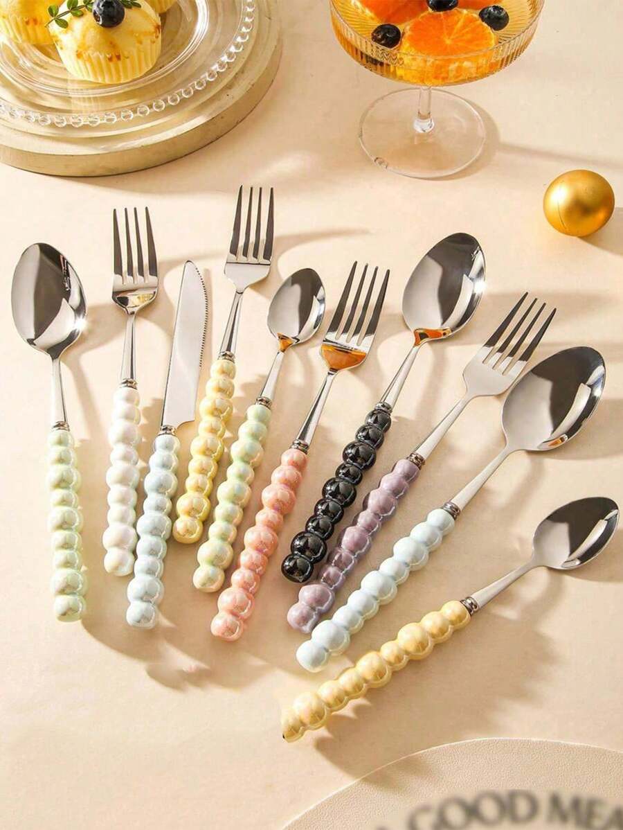 4pcs/Set Stainless Steel Utensil Set,Romantic Ceramic Pearl Handle Western Cutlery Knife Fork Spoon Coffee Spoon,Reusable Tableware,Or School, Picnics, Parties, Outdoor Dining, Camping Accessories School Supplies Travel Essentials Accessories Back To School Dorm Essentials