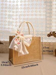 1pc Burlap Tote Bag With Lace Ribbon And Handle Shopping Bag,Beach Bag Holiday Gift For Loved Ones Jute Gift Handbags For Wedding ,Bridesmaid,Grocery Shopping,Women Brithday Party