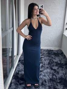LONG WOMEN'S DRESS WITH TIES AND NECKLINE - Black - View 1