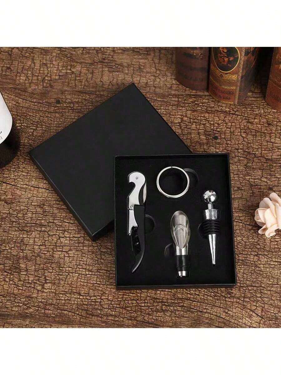 4pcs/Set Stainless Steel Wine Opener Kit - Seahorse Corkscrew, Pourer, Cork Stopper, Wine Ring, Gift Box - Multicolor - View 1