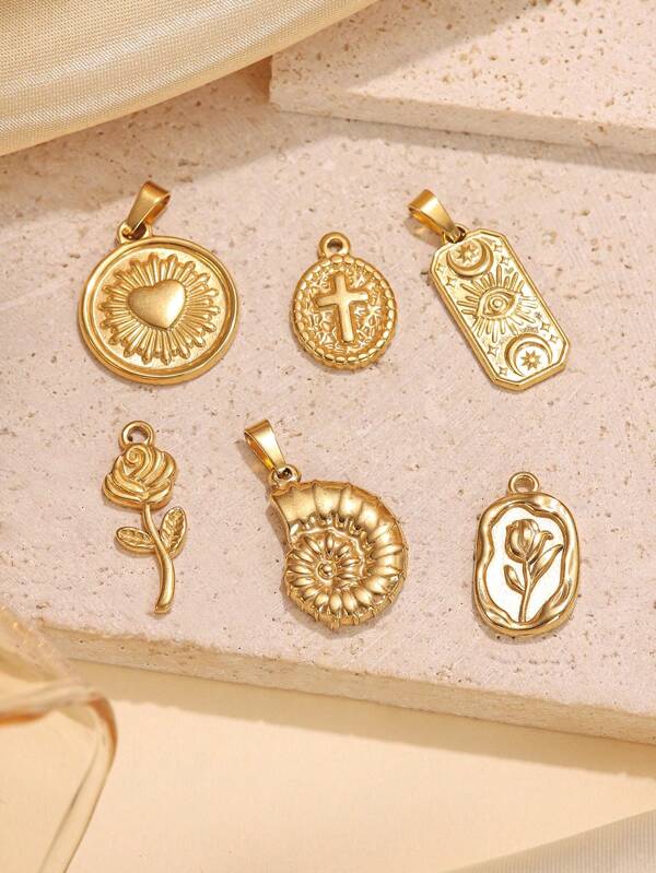 6pcs Gold-Tone Stainless Steel Heart, Rose Flower, Evil Eye, Star & Moon, Shell Shaped Jewelry Pendants For Women, Replaceable With Or Without Connector Rings