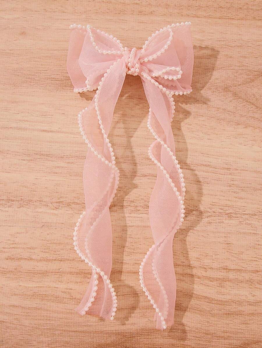 Fashionable Sweet Pink Mesh Pearl Bow Hair Clip