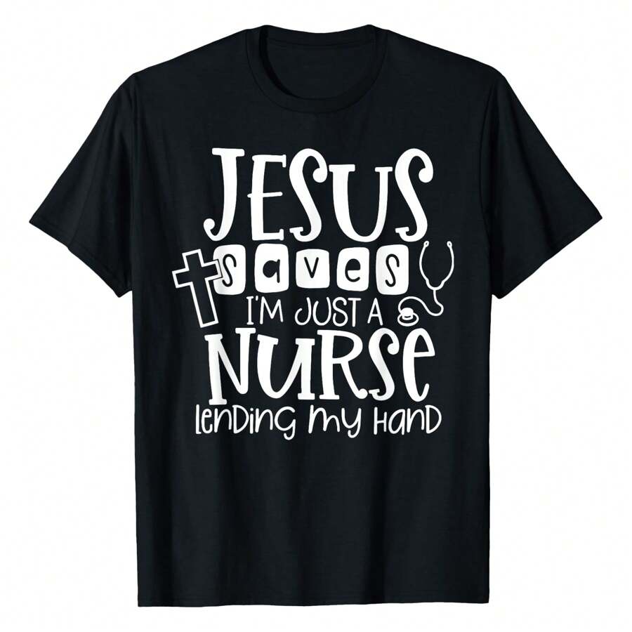 Jesus Saves I'm Just A Nurse Lending My Hand T-Shirt Women's Plus Size Graphic Tee - 黑色 - 查看 1