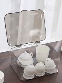 1pc Tea Storage Box With Cover, Transparent Dust-Proof Tea Table Tea Leaves Teacup Organizer, Tea Set Holder