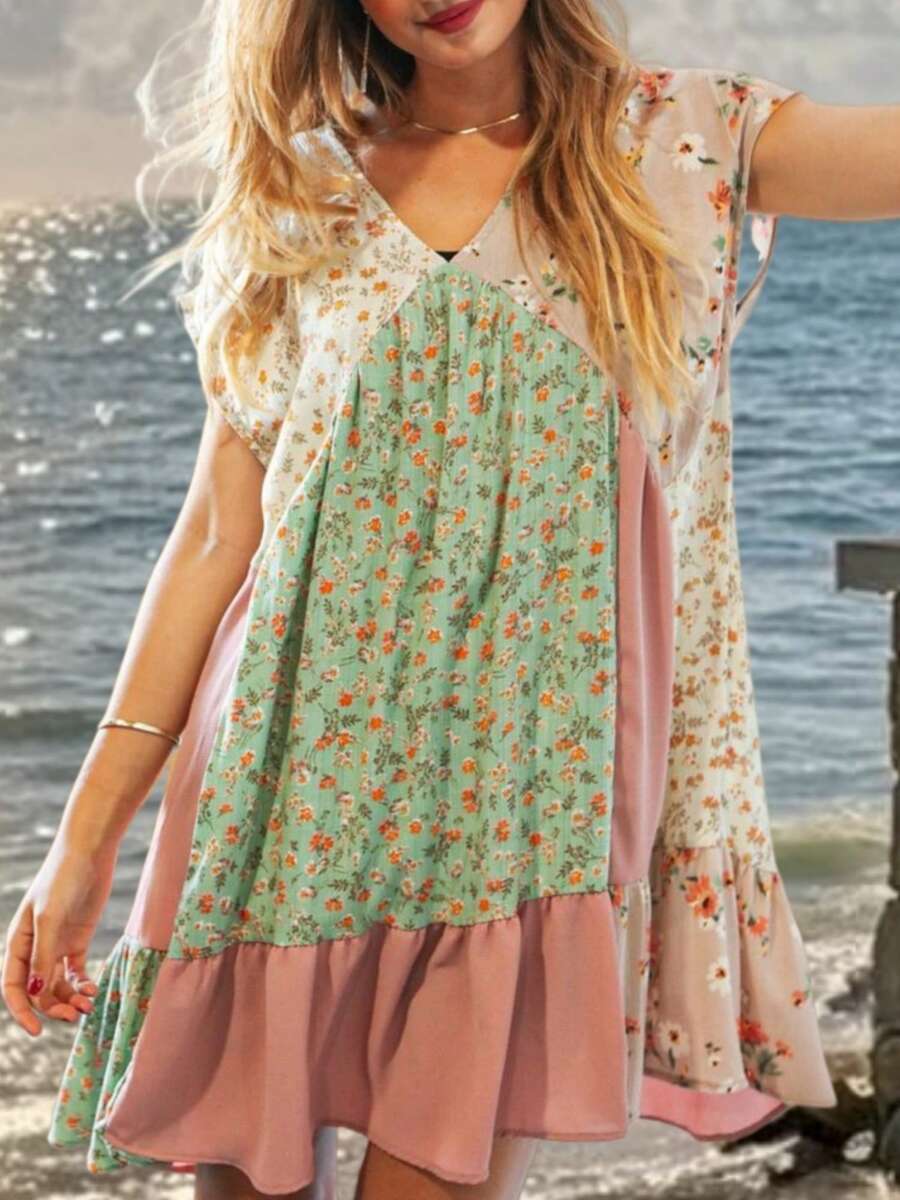 Women Boho Swing Mini Dress Casual Cap Sleeve Deep V Neck Floral A-Line Flowy Dress Loose Fit Beach Sundress Summer Vacation Dresses - 綠色 - 查看 1