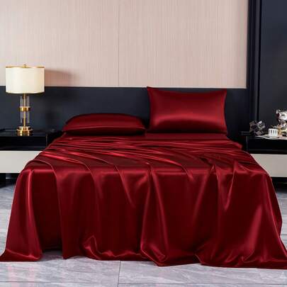 4Pcs Wine Red Premium Plain Silky Satin Sheet Set Bedding Set, 1pc Fitted Sheet & 1pc Flat Sheet& 2pcs Pillowcase Bedding Mattress Protector Set (Not Including Pillow Core)Luxury Satin Fitted Sheet Set King Queen Full TWIN SIZE Sheet Deep Pocket Up To 11.8 Inch Satin Pillowcase, Soft Breathable Wrinkle-Free Better For Sleep, Luxury Hotel Style, Gift For Mom Dad Friend Domitory Bedding Back School Bedding