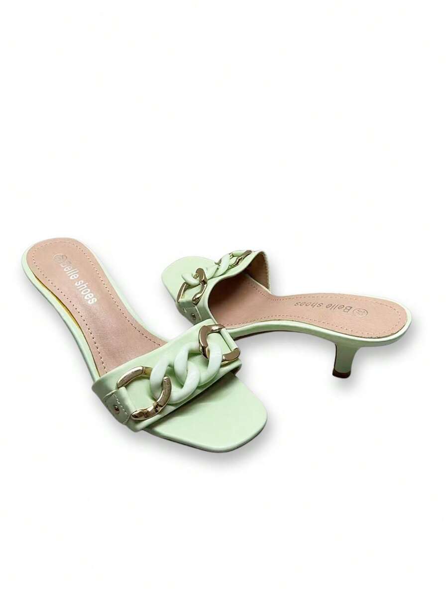 Sandálias femininas de salto alto com decoração de corrente, bico quadrado, sandálias estilosas de verão para mulheres - Verde - Ver 1