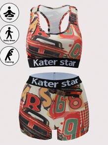 [Retro-Style Series]Women's Letter Print Sports Bra And Pantines Set Lingerie - Multicolor - View 1