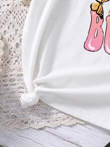 2pcs/Set Tween Girls Cartoon Letter Print Short Sleeve Top And Mini Skirt