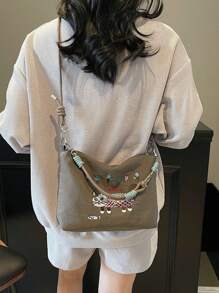 Japanese Style Embroidered Shoulder Bag, Unique Design Fashion Versatile Large Capacity Casual Messenger Bag, Lightweight Tote