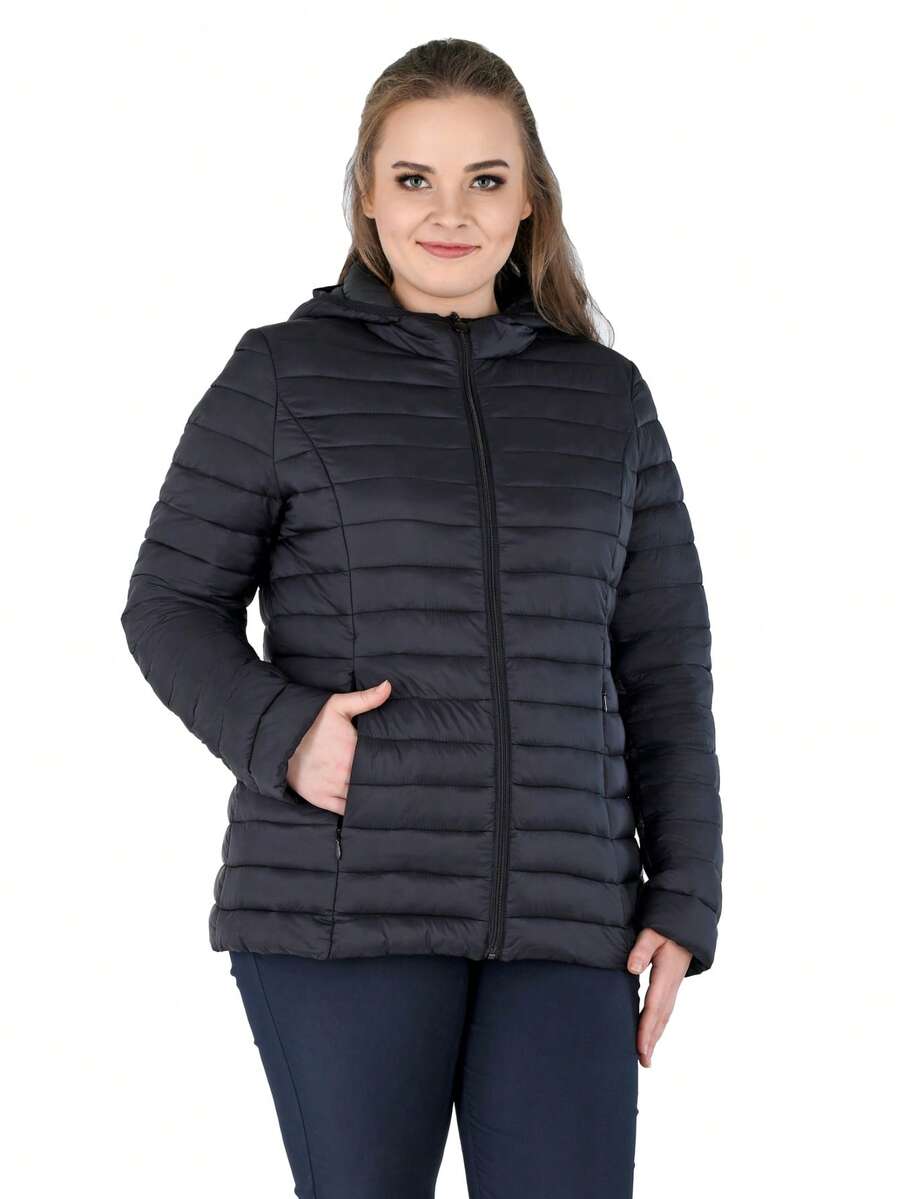 Women's Plus Size Puffer Jacket Quilted Lightweight Padding Hood Packable Coat - Black - View 1