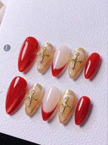 10 piezas de uñas postizas hechas a mano con diseño de uña de gato roja, rayas láser doradas, diseños de cruces, elegante y minimalista, aptas para la vida de oficina