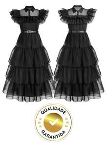 Fantasia LUXO Infantil Menina Vestido Halloween da Wandinha Vandinha 2 a 10 anos