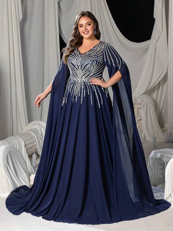 Faeriesty Robe de soirée formelle en mousseline de soie avec cape à manches, corsage perlé et pailleté, coupe cintrée