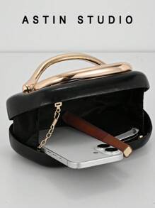 Borsa clutch di lusso in pelle metallizzata lucida, elegante borsa da sera con decorazione in metallo, adatta per occasioni formali come gala, feste di Natale, balli - nero - Visualizzare 4