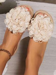 女士时尚性感花朵坡跟凉鞋，韩版，防滑厚底系带沙滩拖鞋 - 白色 - 查看 3