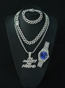 1 Set Of European & American Style "No Money No Faiend" Alloy Pendant Rhombus Cuban Link Chain Necklace & Bracelet & Men's Watch Gift Box Jewelry Set, Suitable For Daily Wear - NO MONEY NO FAIEND - View 3